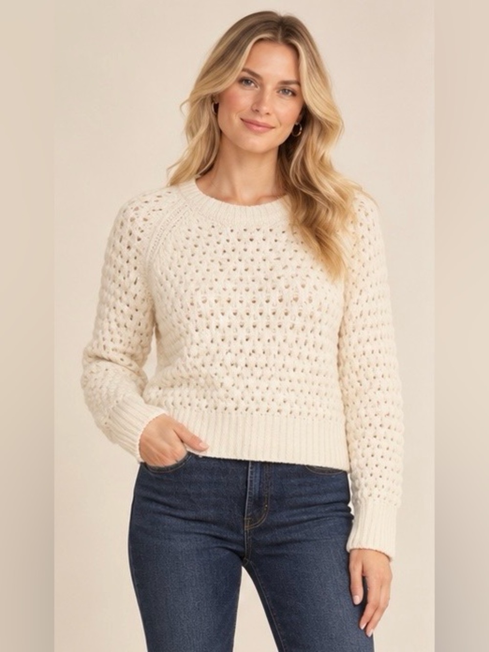 Everlane Cloud Textured Crew Sweater in Bone, Wool Alpaca Blend, Size Small